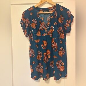 Lily Morgan Large Floral Burnt Orange and Blue Blouse